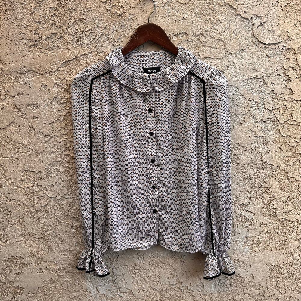ME+EM Ruffle Collar Printed Blouse Button Front Long Sleeve US 6